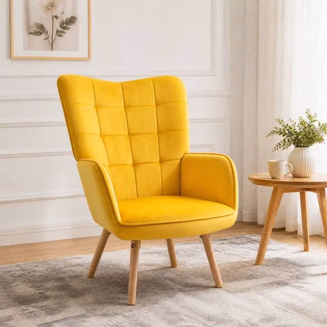 STILVORA Mid-Century Tufted Wingback Armchair in Yellow Velvet – 1