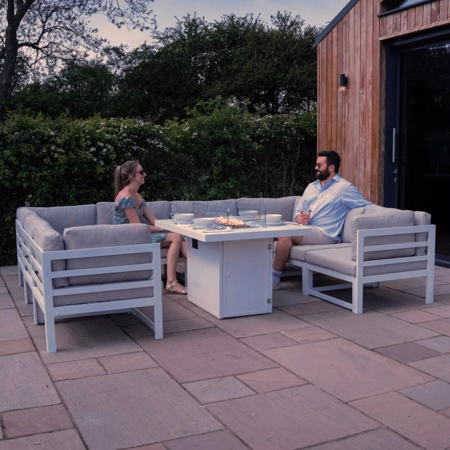 Monstershop 9 Piece Modular U-Shape Garden Furniture Set with Gas Fire Pit and Cushions, White Aluminium – 3