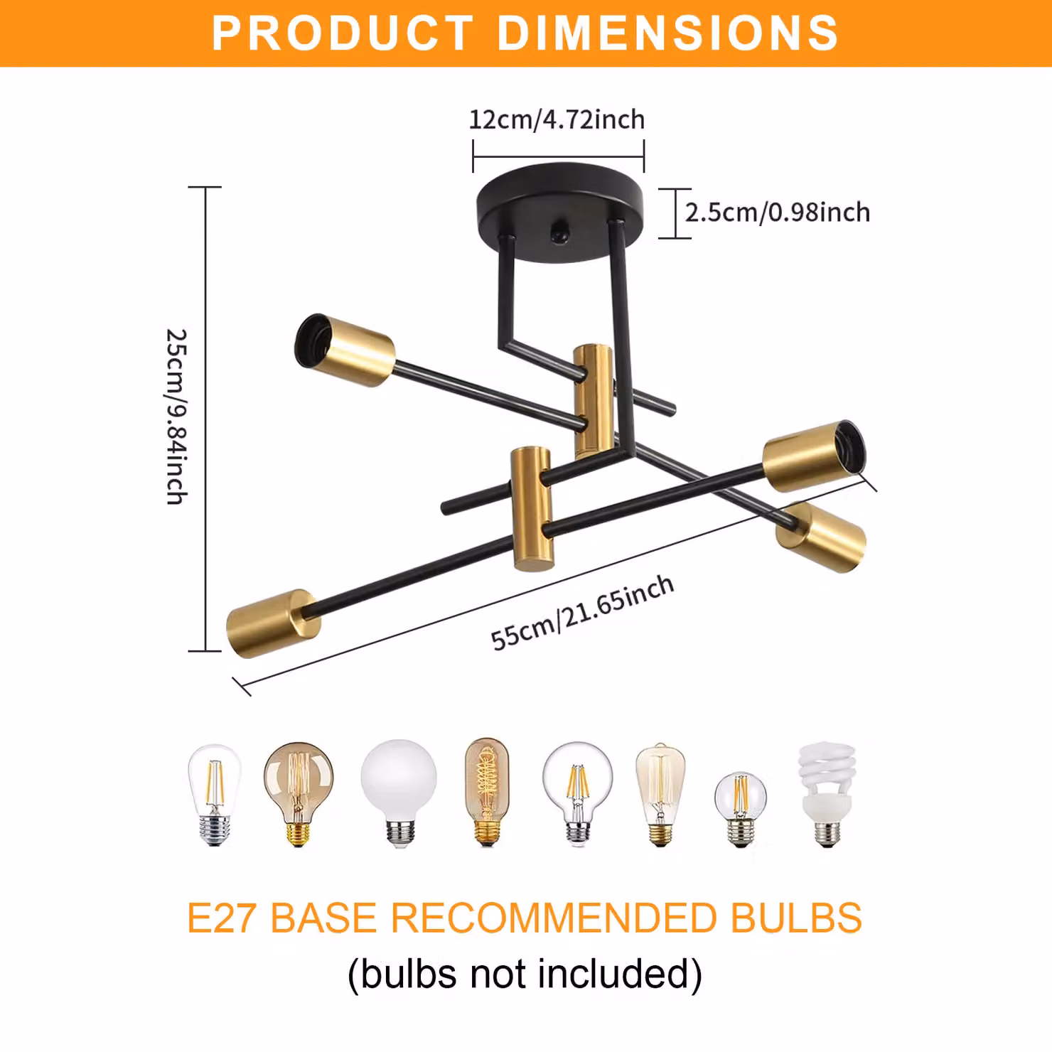 COMELY Industrial 4-Light Vintage Ceiling Light in Black and Gold/Brass with E27 Bulbs – 3