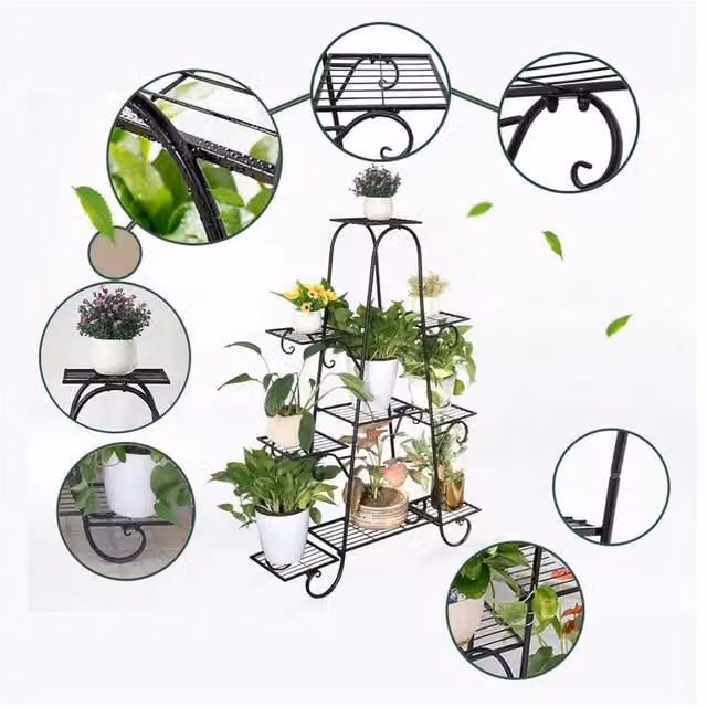 NESTLUNE 9 Tier Metal Plant Stand Garden Shelf in Matt Black, W: 100 cm, D: 15 cm