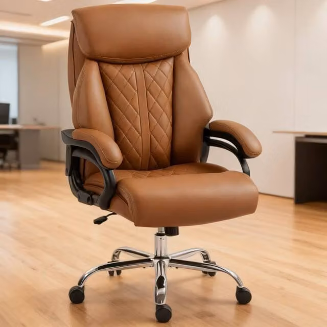 ERGOVEXA Brown Faux Leather Executive Office Chair with Armrests and 360 Degree Swivel – 1
