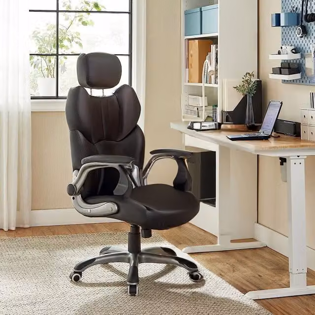 SONGMICS Black Synthetic Leather Gaming Chair with Headrest, 360 Degree Swivel and Foldable Arms – 1