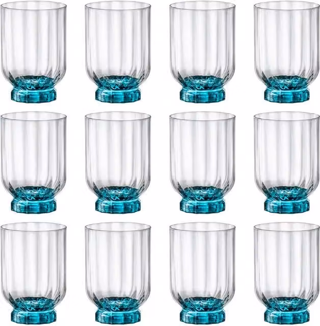 Bormioli Rocco Florian Blue Geometric Double Whisky Tumbler Glasses, 375 ml, Set of 12