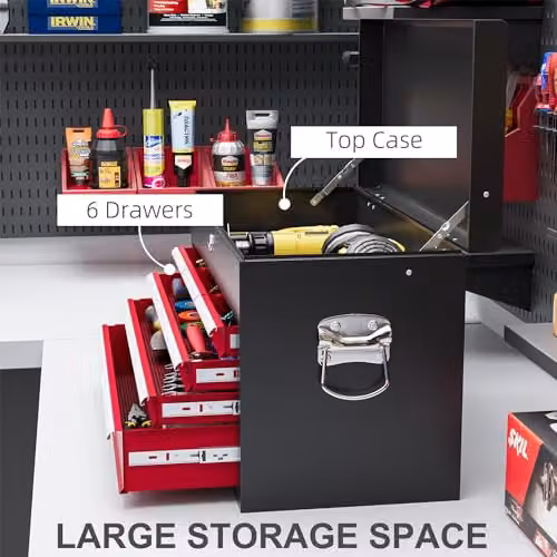 HOMCOM 6 Drawer Metal Tool Chest with Lockable Top Case in Red, W/D/H: 60.0 x 26.0 x 34.0 cm – 3