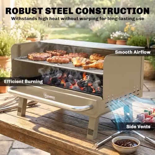 Outsunny Portable Charcoal Tabletop BBQ Grill with Warming Rack and Stainless Steel Grates, Beige – 3