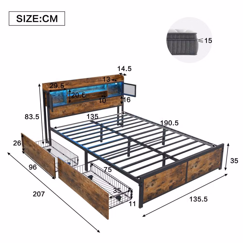 BTM Black Metal Bed with LED Under-Bed Lighting, 2 Drawers and USB Charging Ports, W/D/H: 140 x 200 x 83.5 cm – 4