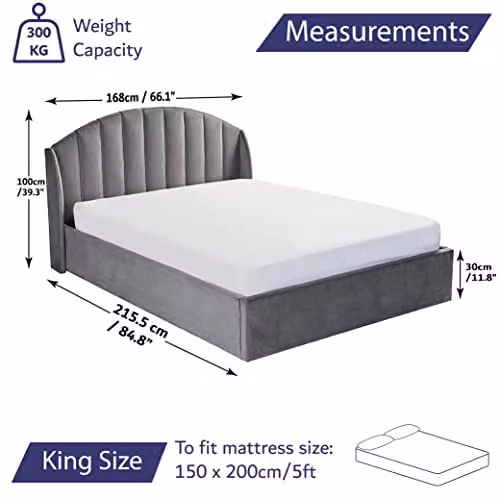 Home Treats Grey Velvet King Size Ottoman Storage Bed with Winged Curved Headboard and Pocket Sprung Mattress, W/D/H: 150 x 200 x 100 cm – 2