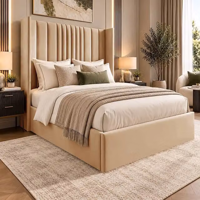 Desire Deco Adeline Plush Velvet Wingback Ottoman Storage Bed Frame in Beige, Size: 140 x 200 cm