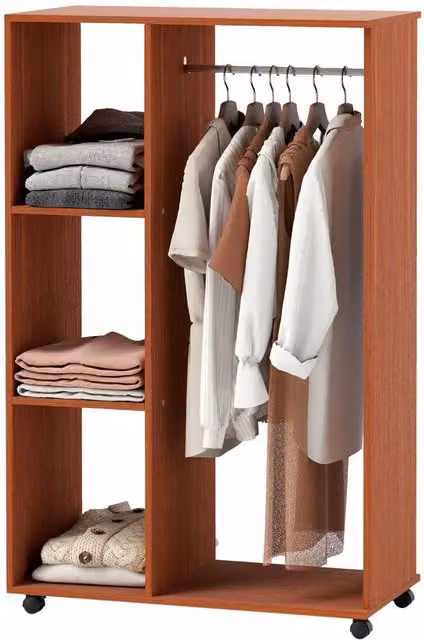 FORGEVIO Wardrobe on Wheels with Clothes Rail and Shelves in Brown Walnut