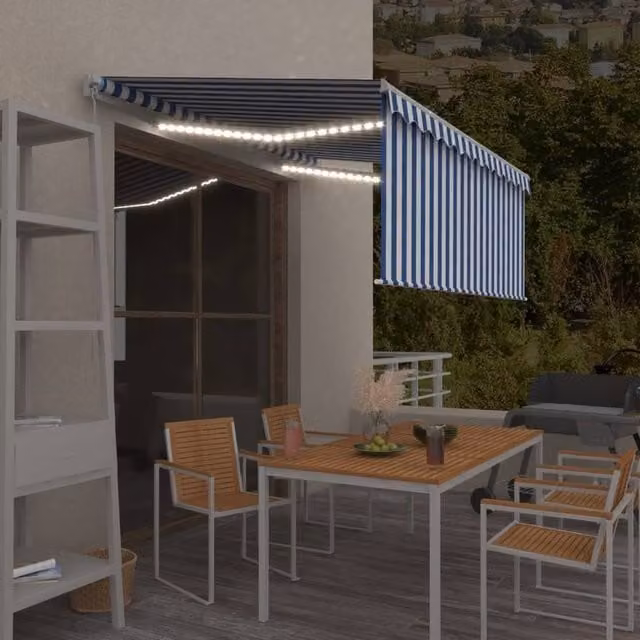 Berkfield Home Manual Retractable Awning with Blind and LED, Blue and White Striped, W: 350 cm, D: 250 cm, H: 250 cm – 1