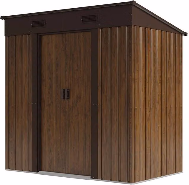 Kelvenix Brown Wood Effect Metal Pent Garden Shed with Sliding Doors and Roof Vent