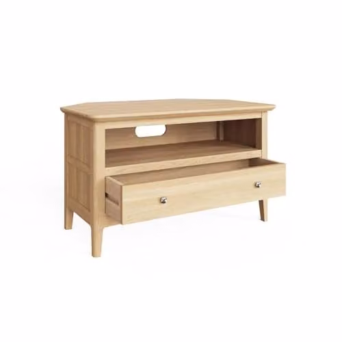 FWStyle Hudson Corner TV Unit in Natural Ash Wood with 1 Storage Drawer and Open Shelf, W/D/H: 85 x 50.5 x 50 cm