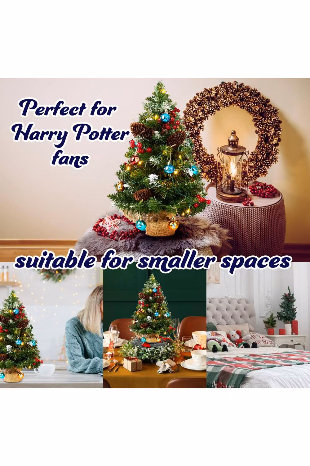 Harry Potter Pre-lit Mini Artificial Tabletop Christmas Tree with 12 Baubles and LED White String Lights, Green and Multicolour – 4