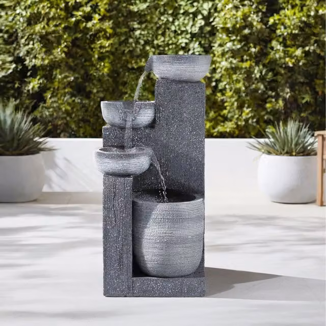 Breeins Solar-Powered Modern Stone Rockery Fountain in Black and Grey