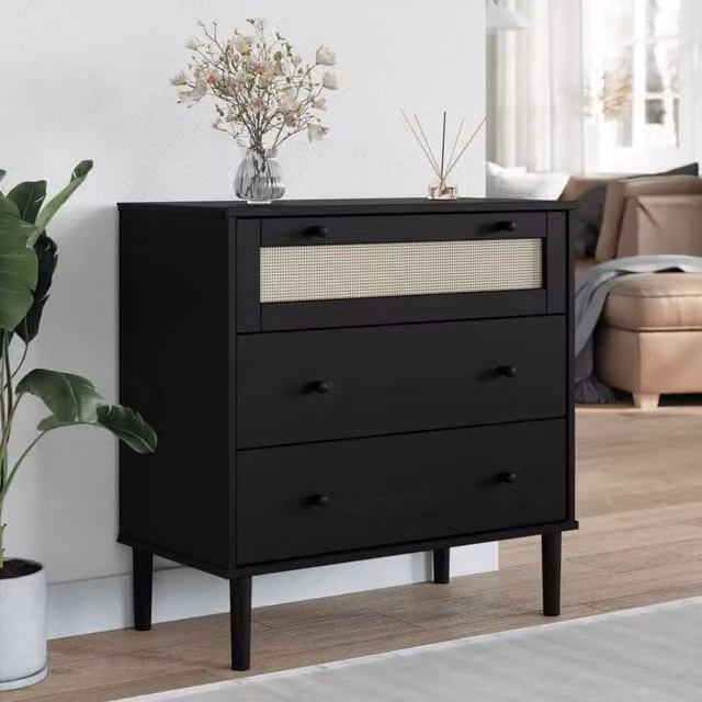 Berkfield Home SENJA Drawer Cabinet in Black Rattan Look, Solid Pine Wood, W/D/H: 80 x 40 x 80 cm – 1