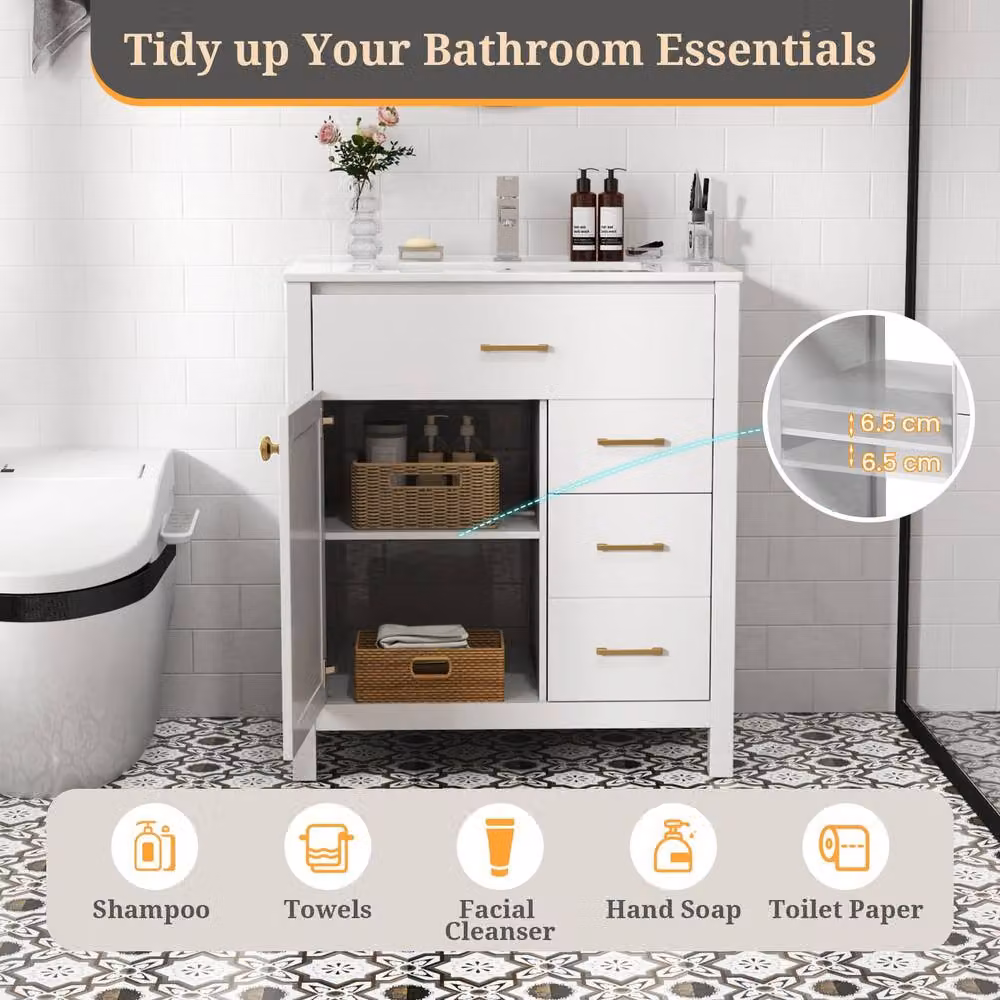 Costway Modern White Bathroom Vanity Storage Cabinet with Sink and Internal Shelves and Drawers, Width: 76 cm – 3