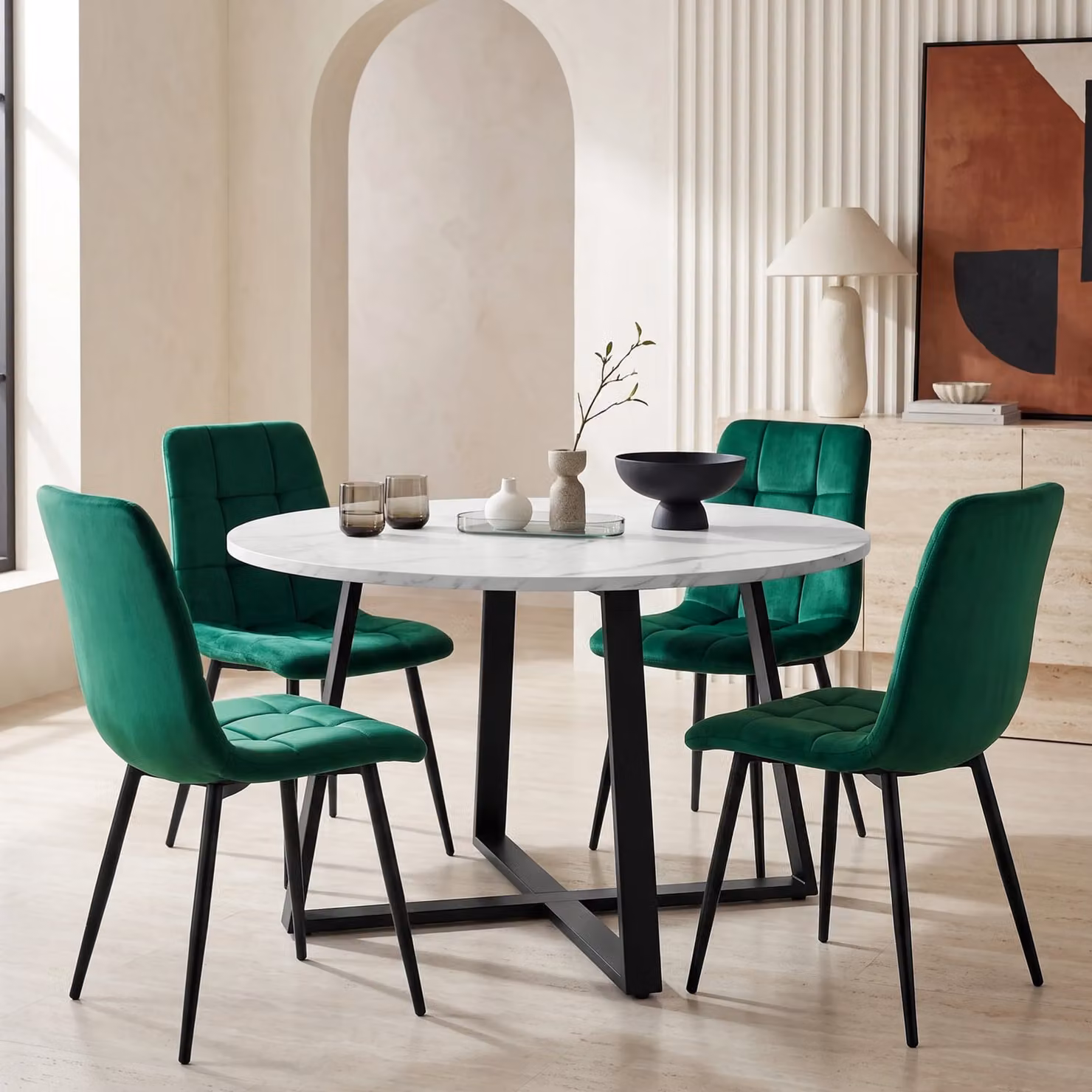 DHS Kyvon Round Dining Table Set with 4 Chairs, White Marble Effect and Green