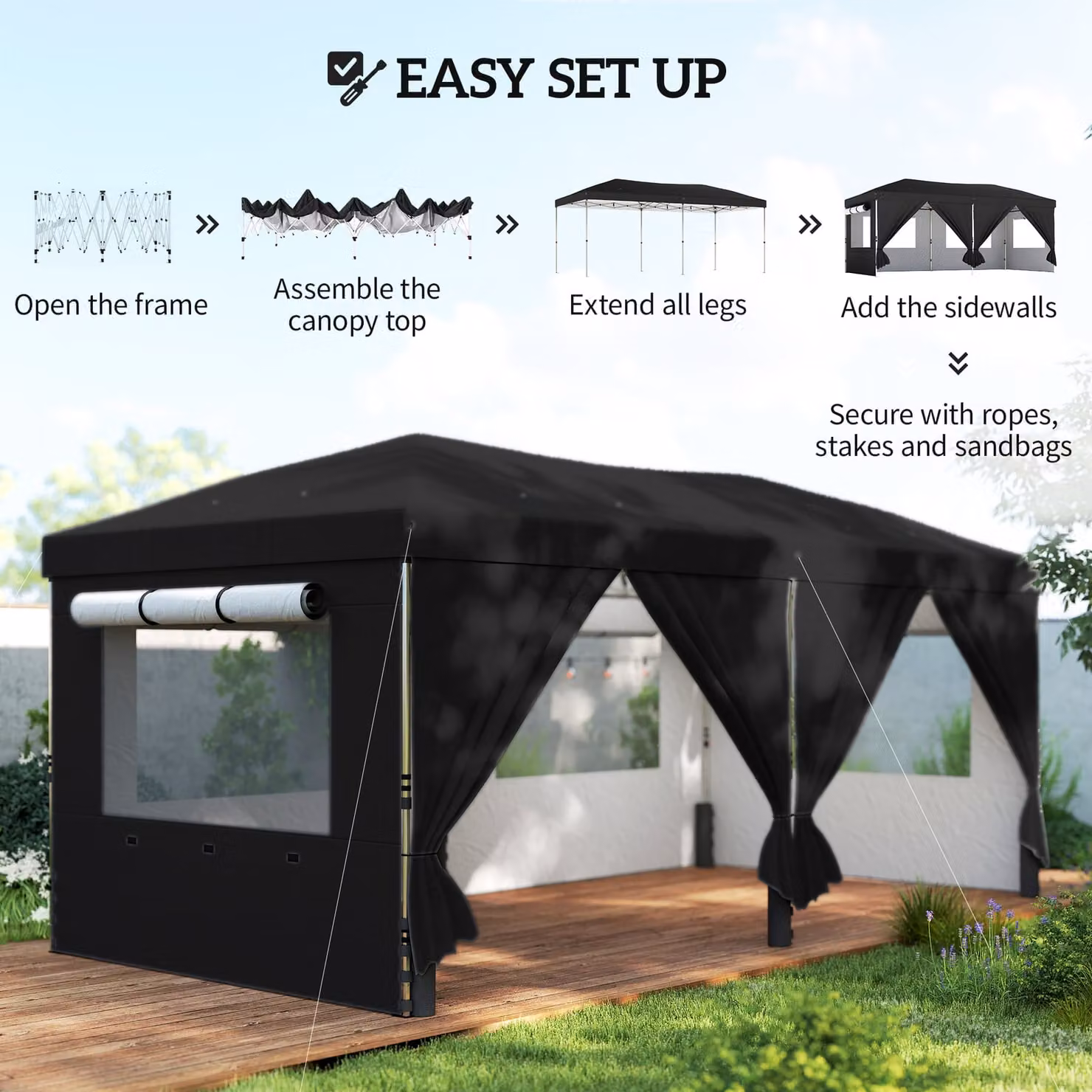 Outsunny Pop Up Garden Gazebo with 6 Sidewalls and UPF 50+ Protection, Black, W: 600 cm, D: 300 cm, H: 210 cm – 7