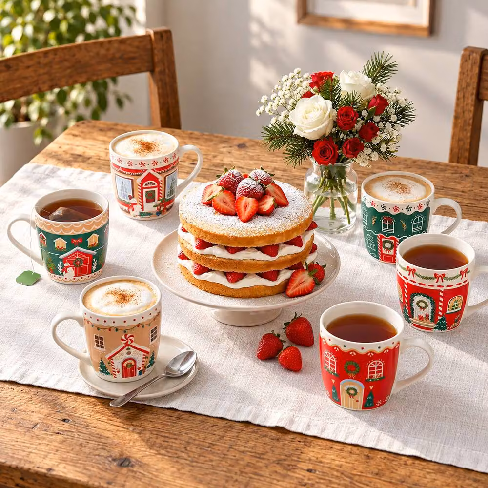 Simpa Christmas Village Bone China Mug Collection, Multicolour, Set of 6, 350ml per mug – 4