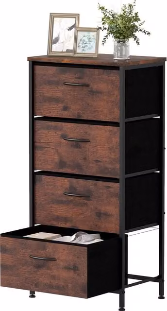 Costway Rustic Brown 4 Drawer Fabric Dresser with Wooden Top