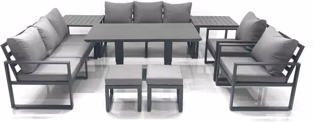 Fimous Garden Sofa Set with Height Adjustable Dining Table, 2 Chairs, 2 Footstools and 2 Side Tables in Anthracite Grey Powder Coated Aluminium
