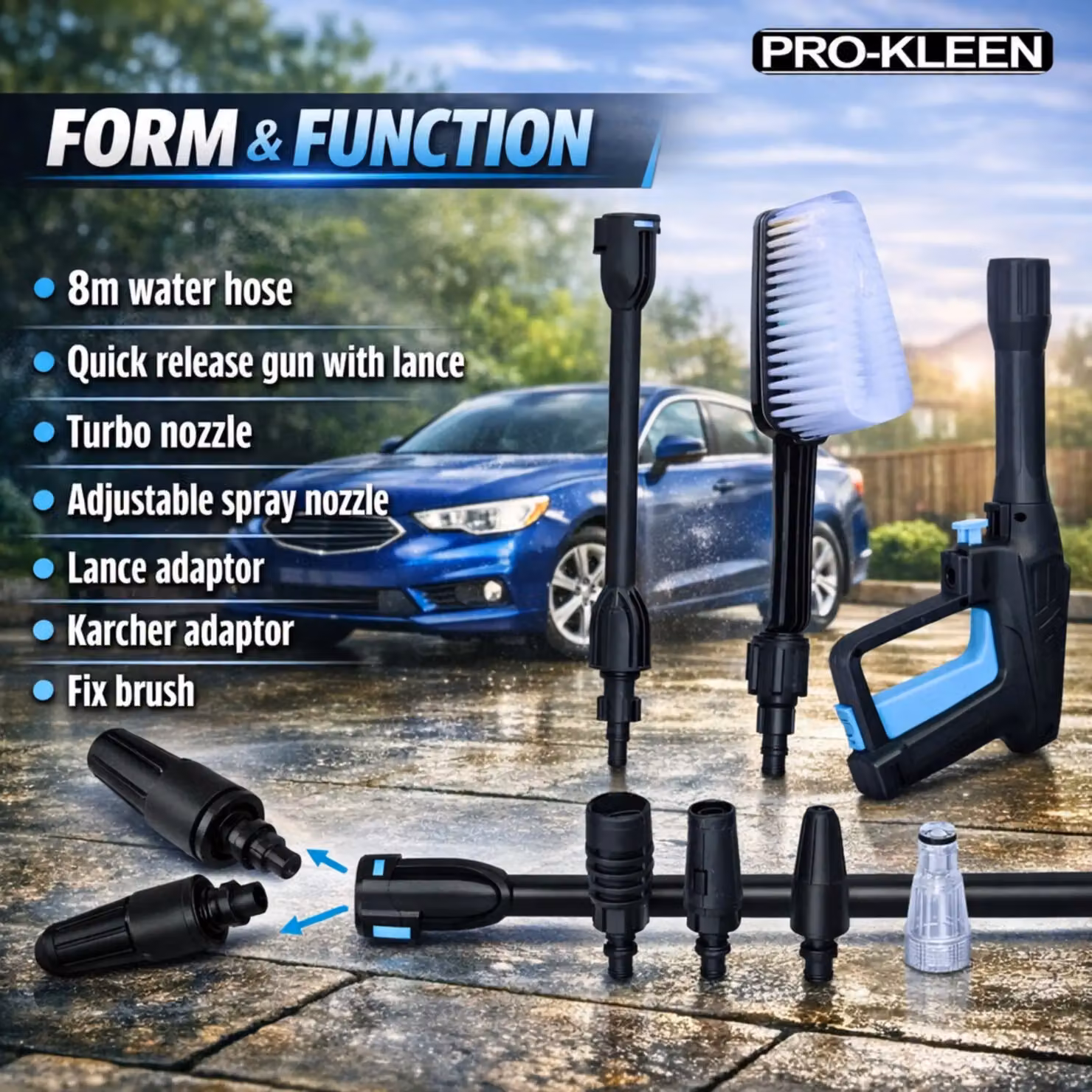 Pro-Kleen Electric Pressure Washer in Black, 2200W with 165 Bar Max Pressure and 8m Hose – 6
