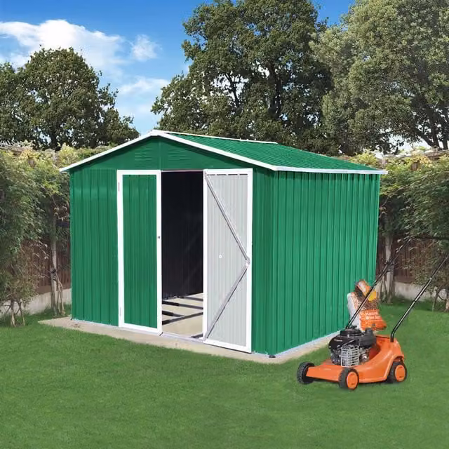 BIRCHTREE Green Enamelled Steel Metal Garden Shed with Double Doors and Gable Roof, W: 243.84 cm, D: 182.88 cm, H: 148.6 cm