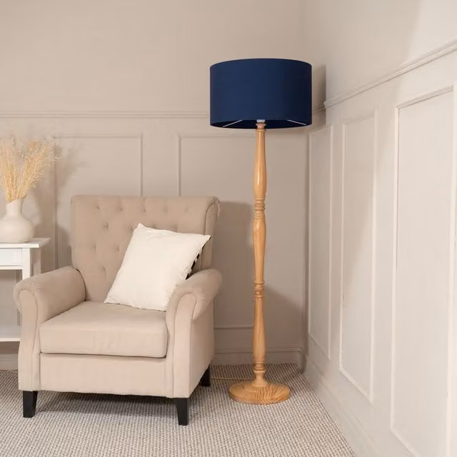 Victoria Wood Floor Lamp with Blue Fabric Drum Shade