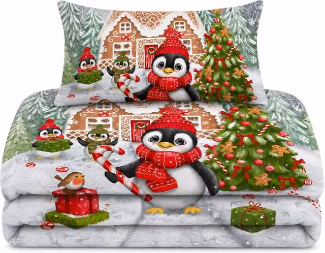 Velosso Sweet Penguin Candy Cane Duvet Cover and Pillowcase Set, Multicolour, Single, W/H: 90 x 200 cm