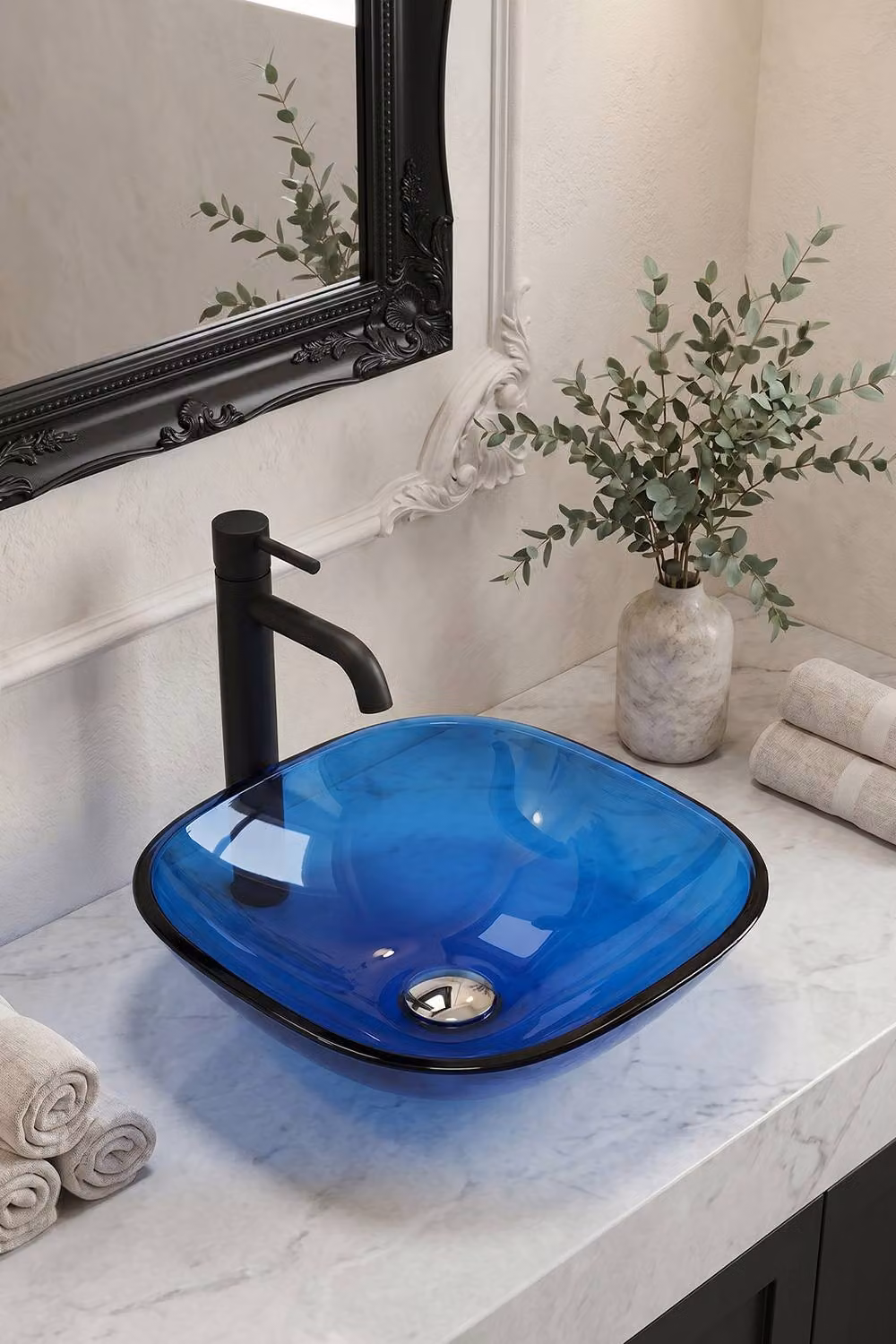 Living and Home Blue Glass Topmount Vessel Sink Vanity – 2