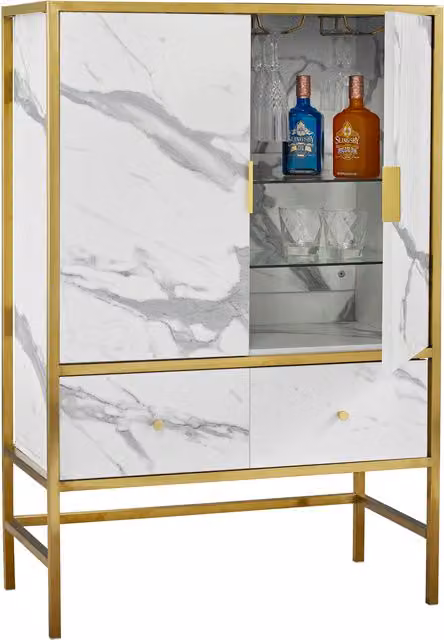 LPD Home Monaco Wine Cocktail Cabinet in White and Gold with Glass Doors