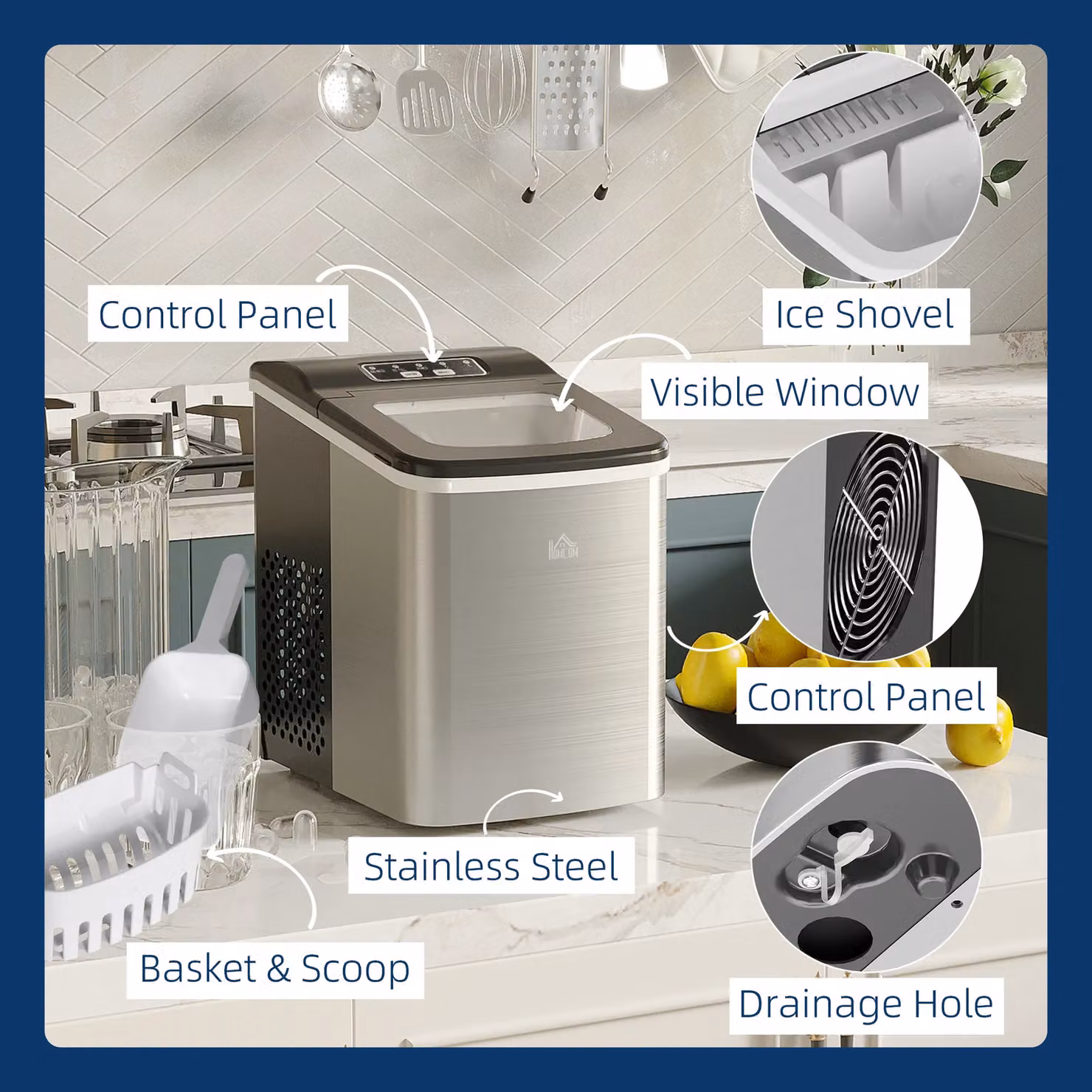HOMCOM Portable Countertop Ice Maker Machine in Silver Stainless Steel – 5