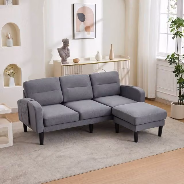 STILVORA L-Shaped 3-Seater Reversible Sectional Sofa with Chaise Lounge in Grey Fabric – 1