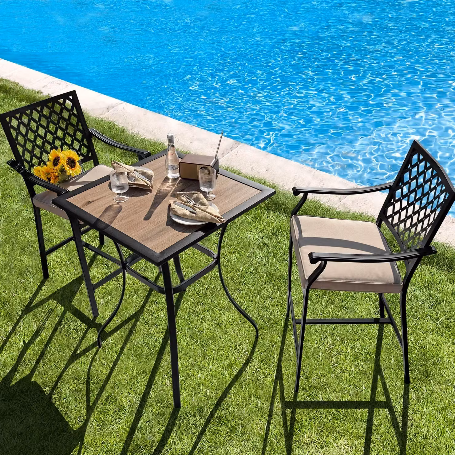 Costway 3 Piece Brown Patio Bar Set with 2 Upholstered Bar Stools – 3