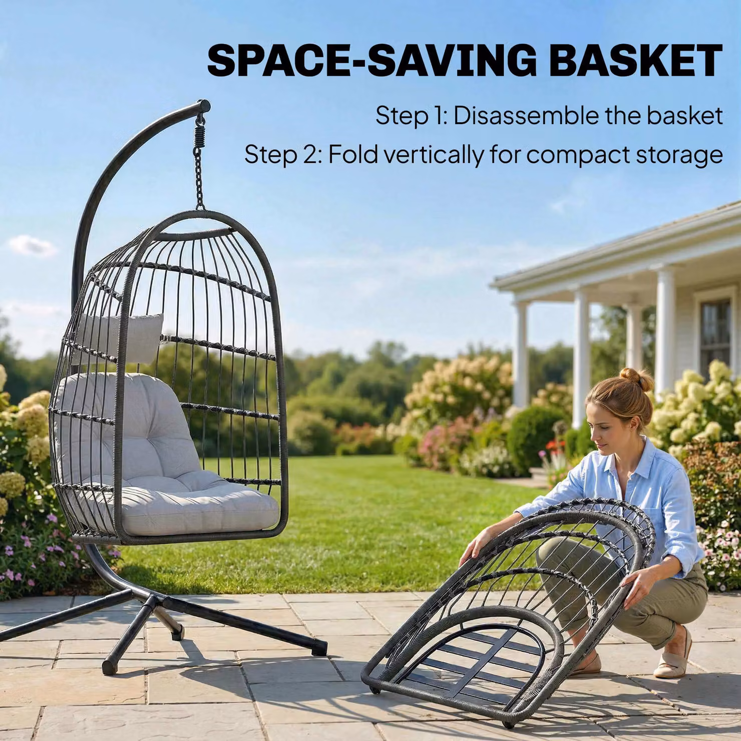 Outsunny Hanging Egg Chair with Stand and Cushions, Grey Metal Frame Hammock Swing for Indoor and Outdoor Use – 4
