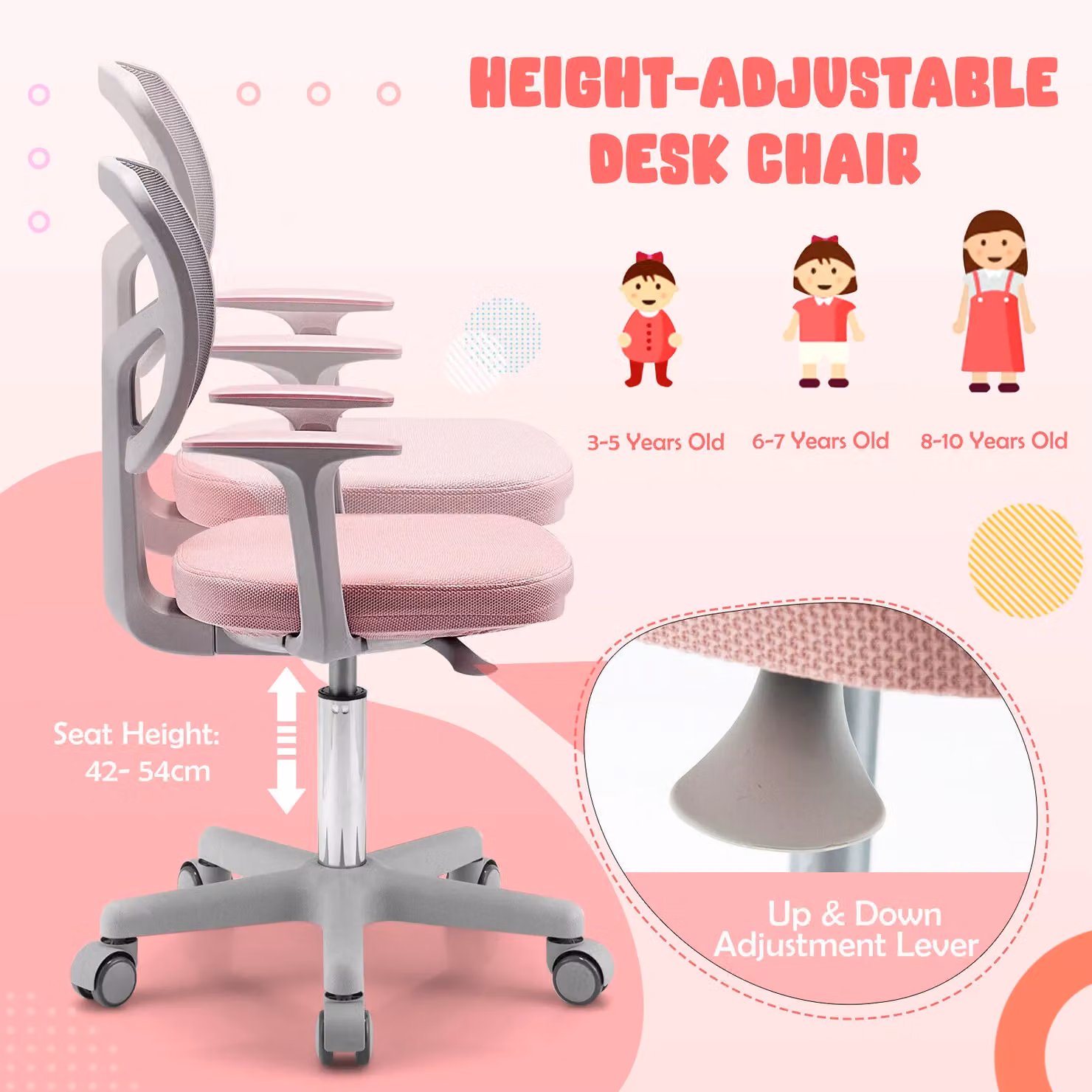Costway Kids Height Adjustable Swivel Task Chair in Pink – 2