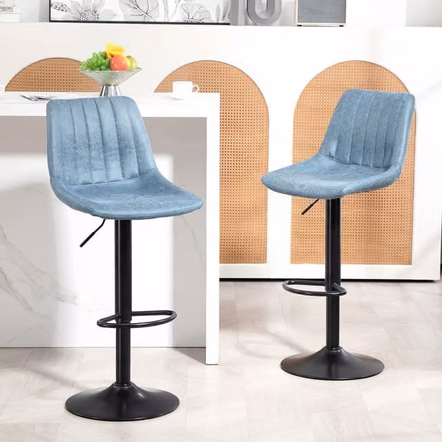 HOMCOM Set of 2 Retro Microfibre and Synthetic Leather Bar Stools in Blue