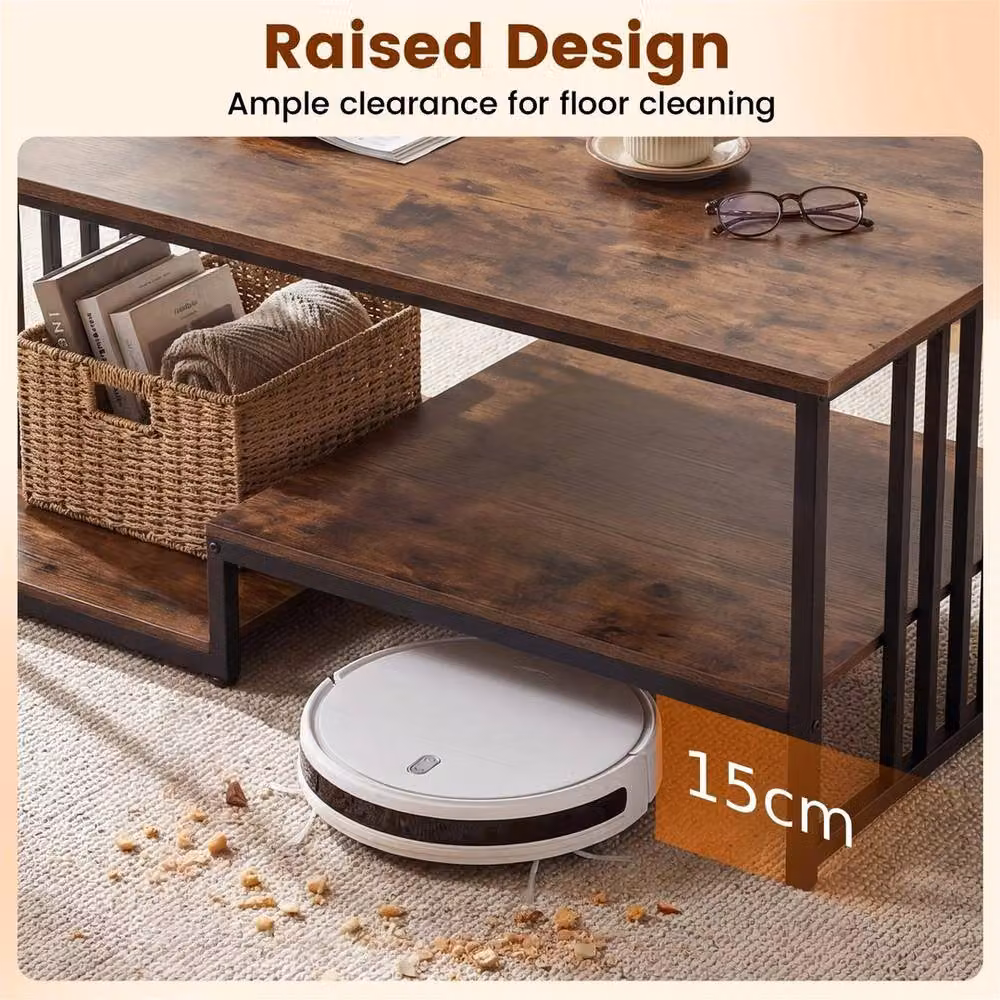 Kelvenix Modern Rectangular 2-Tier Coffee Table with Shelf in Brown and Black – 4