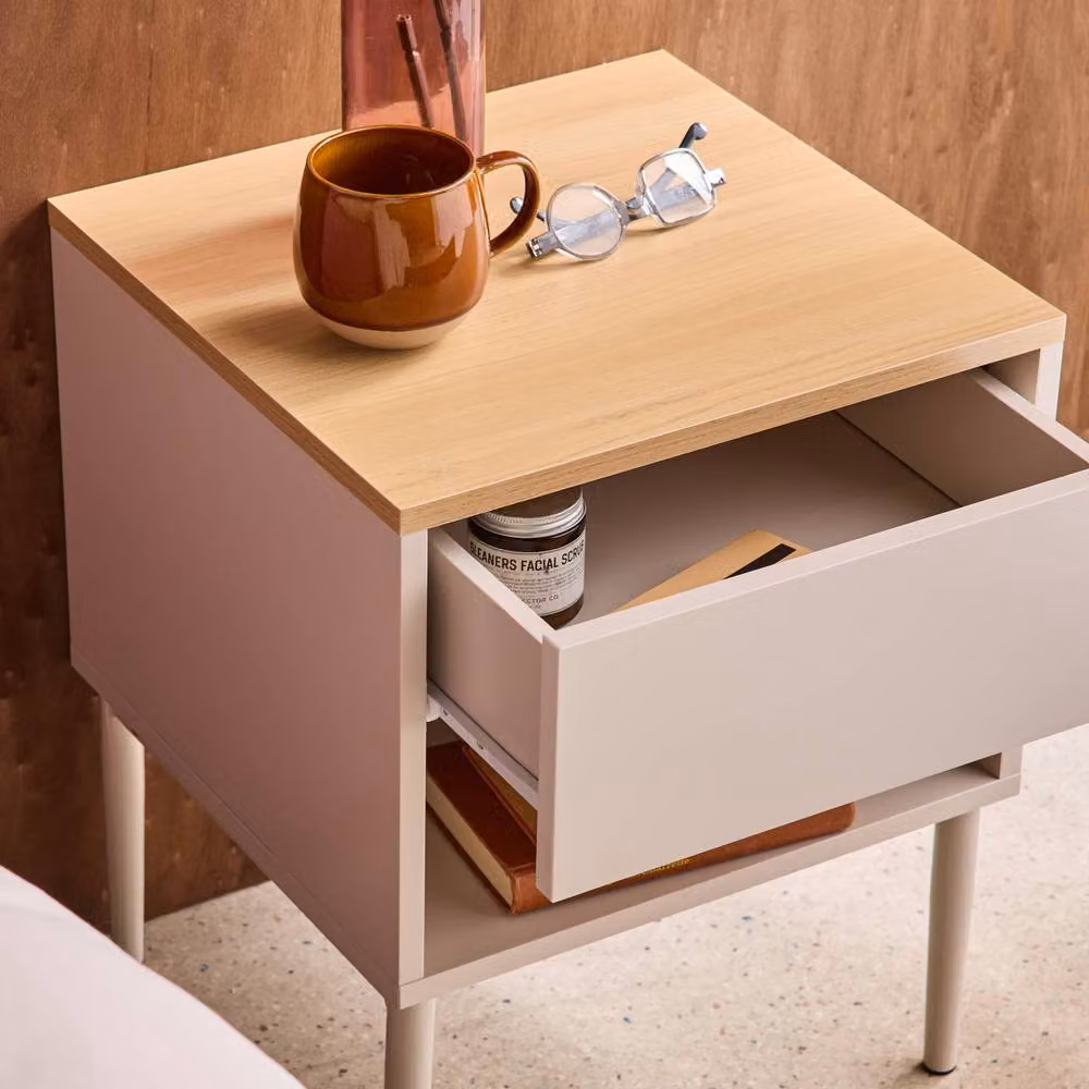 sweeek Modern Bedside Table with 1 Drawer and 1 Niche in Beige and Walnut Wood Decor – 3