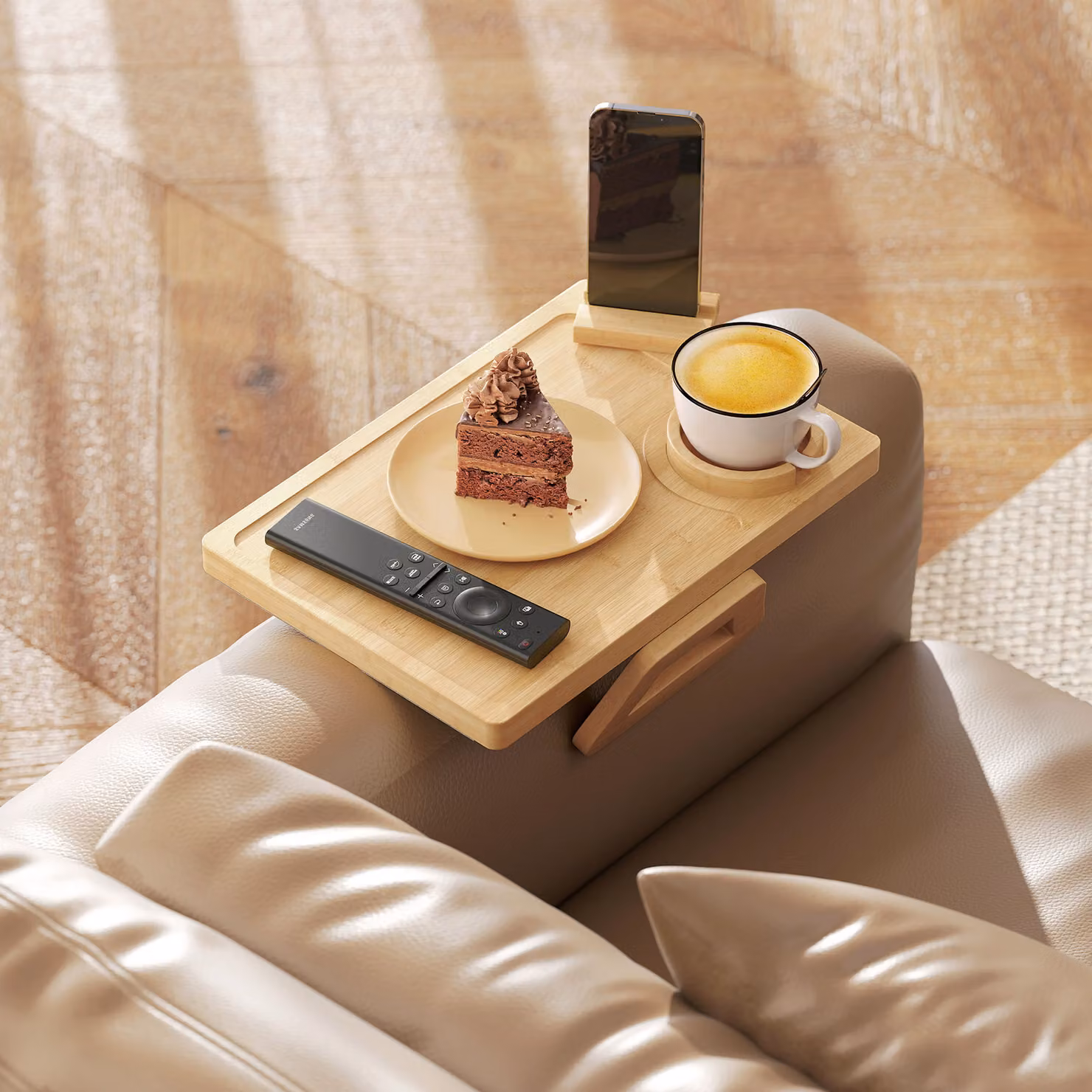 HOMCOM Bamboo Anti-Slip Sofa Armrest Tray with 360 Degree Phone Holder and Removable Cup Holder, Brown – 2