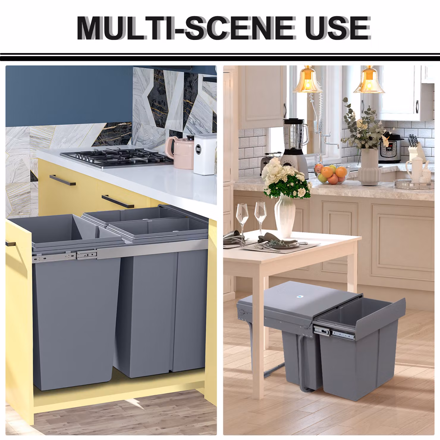 HOMCOM 40L Pull-Out Kitchen Waste Bin with Soft Close and Sensor, 3 Compartments, Grey – 8
