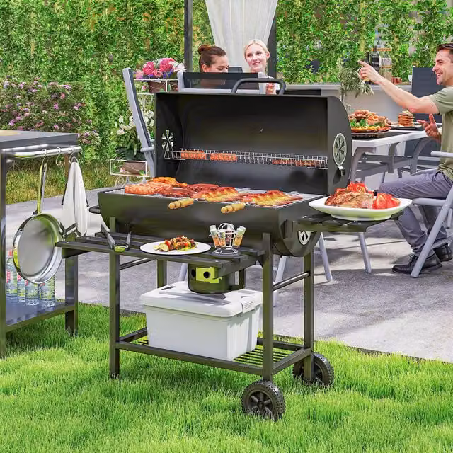 Outsunny Charcoal BBQ Grill with Thermometer and Foldable Shelf in Black