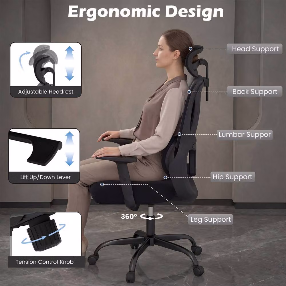 Gymax Ergonomic High Back Office Chair with Headrest, Lumbar Support and Armrests in Black Fabric – 5