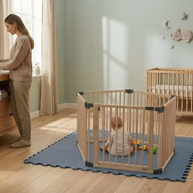 Safetots Hexagonal Wooden Play Den with Soft Foam Play Mat, Dusty Blue and Natural, W/D/H: 180 x 150 x 80 cm