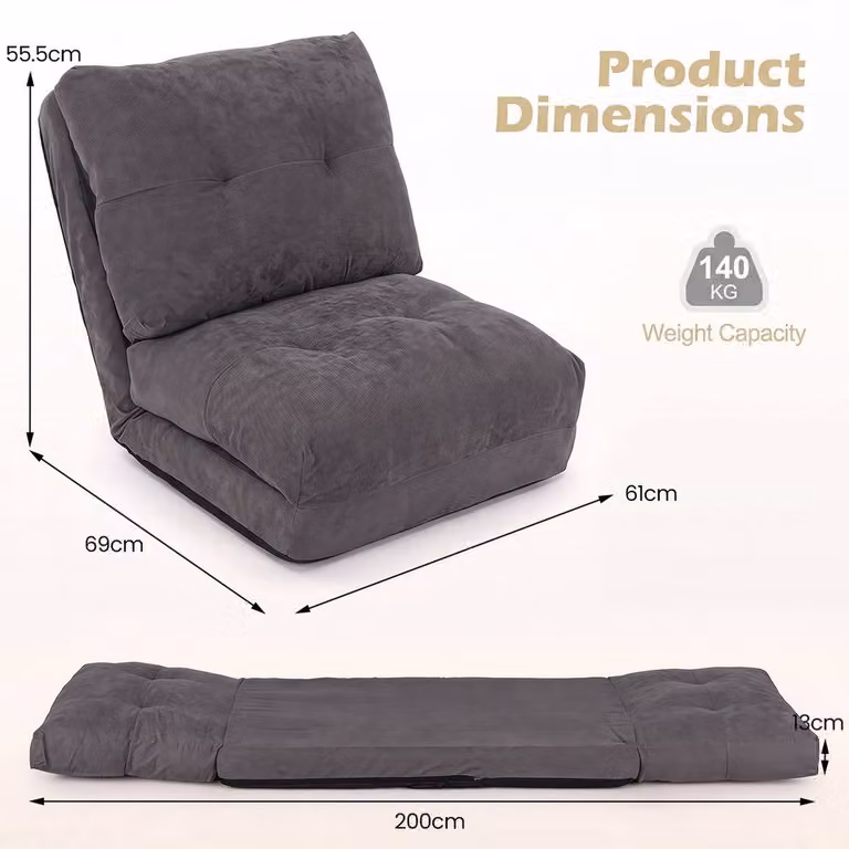 KORVIXA Grey Comfy Padded 5-Level Adjustable Floor Chair W/D: 100 x 100 cm