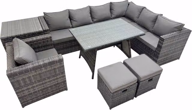 Fimous 9-Seat Rattan Patio Set with Dining Table and 2 Stools in Grey