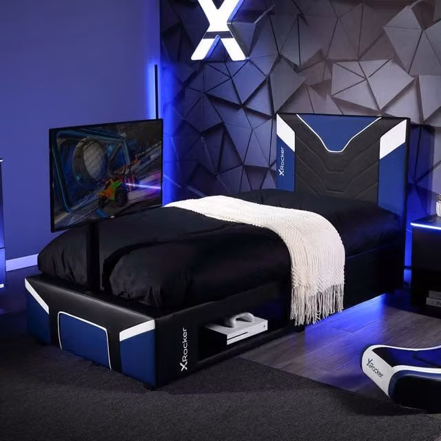 X Rocker Cerberus Twist Blue Upholstered Gaming TV Bed Frame with Underbed Storage and Lighting, W/D/H: 90 x 190 cm