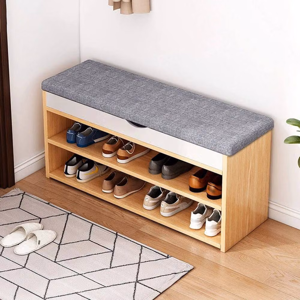KORVIXA Natural Wooden 3 Tier Shoe Storage Bench and Rack in Brown, Width: 100 cm – 3