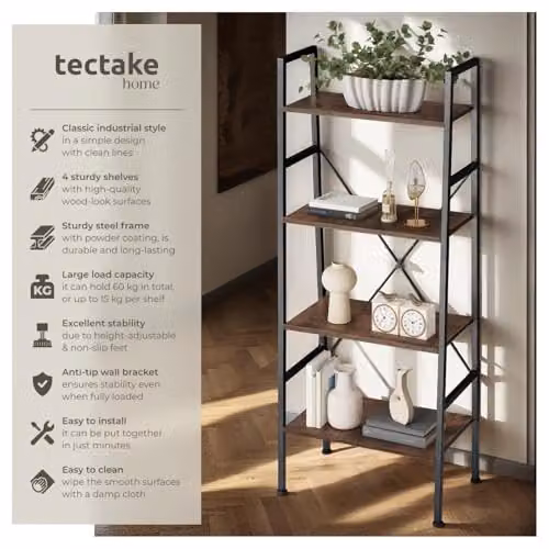 tectake Newcastle 4-Tier Ladder Shelf with Open Back Design in Brown – 3