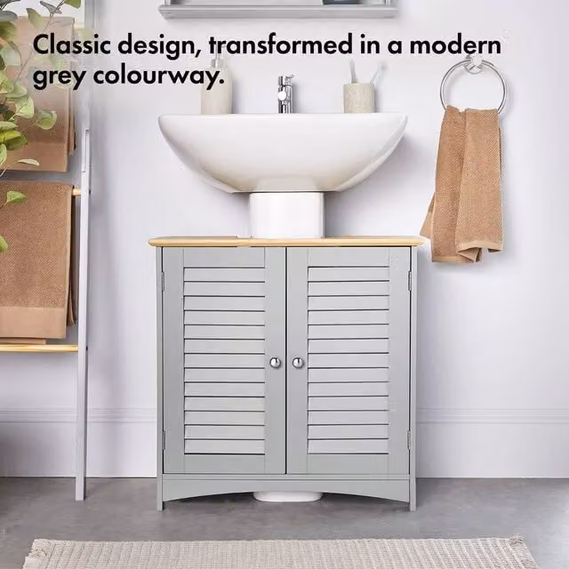 EONLION Grey Modern Freestanding Bathroom Under Sink Cabinet with Internal Shelves and Hinged Doors